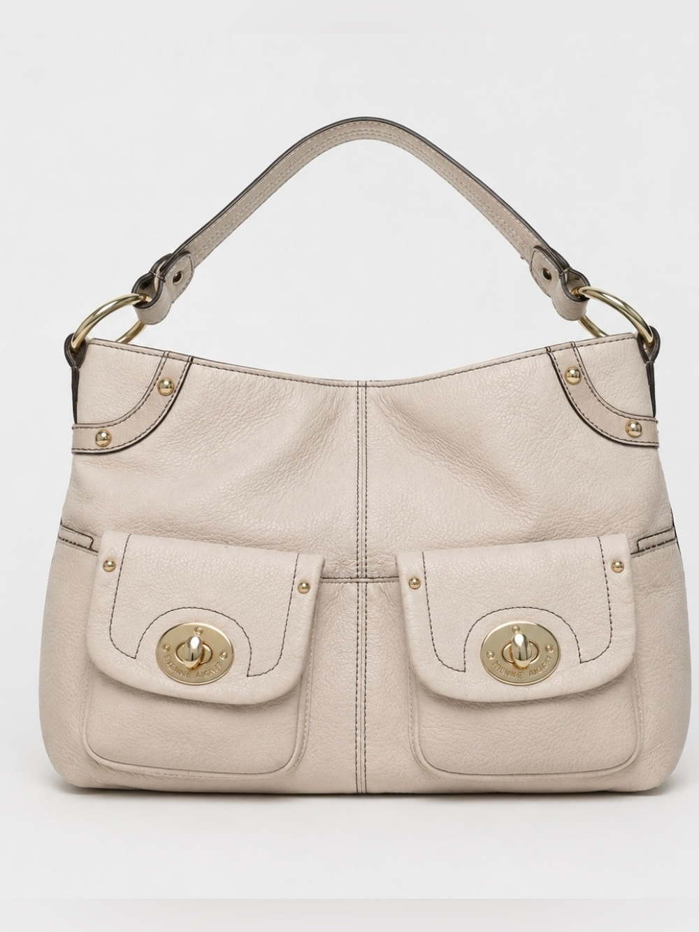 Etienne Aigner Taupe Pebbled Leather Hobo Bag Gold Turnlock Pockets